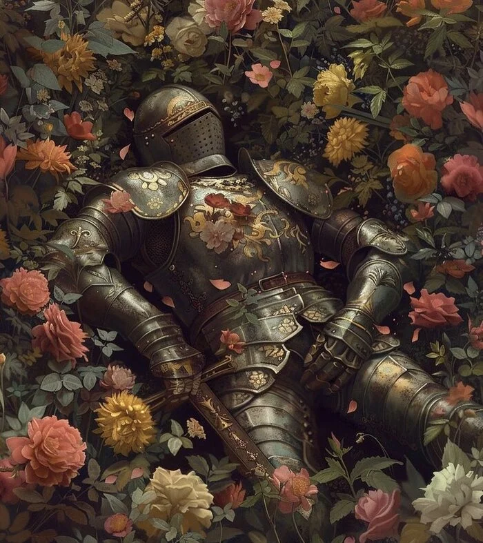 In flowers - Art, Drawing, Knights, Armor, Sword, Flowers, Neural network art