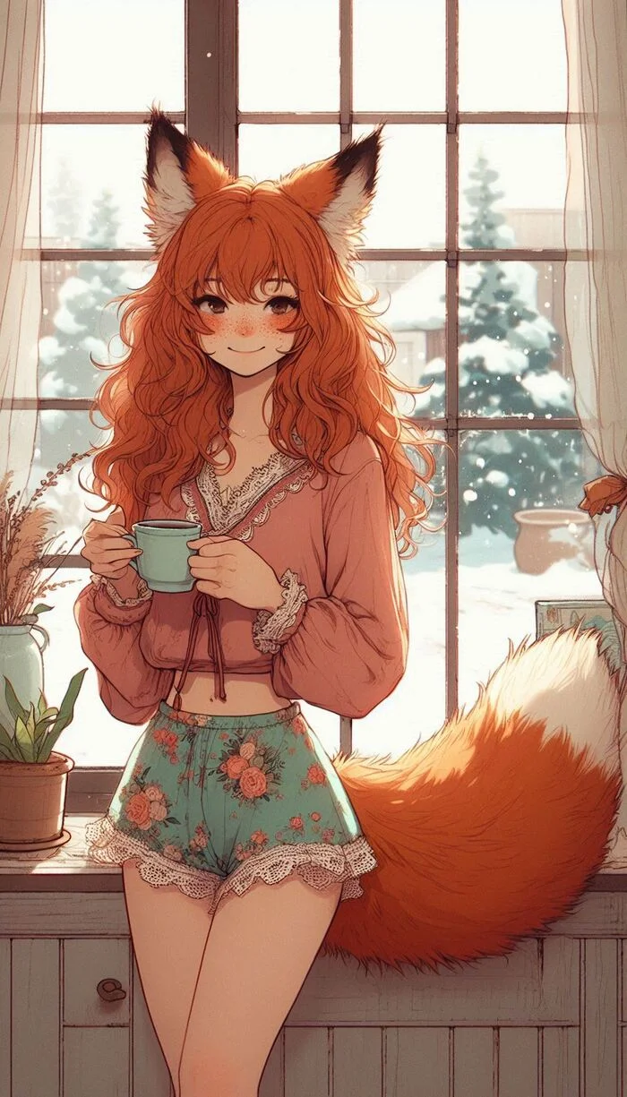 Chanterelles to your phone without registration and SMS - My, Neural network art, Нейронные сети, Art, Girls, Anime art, Anime, Original character, Kitsune, Animal ears, Tail, Ginger & White, Longpost
