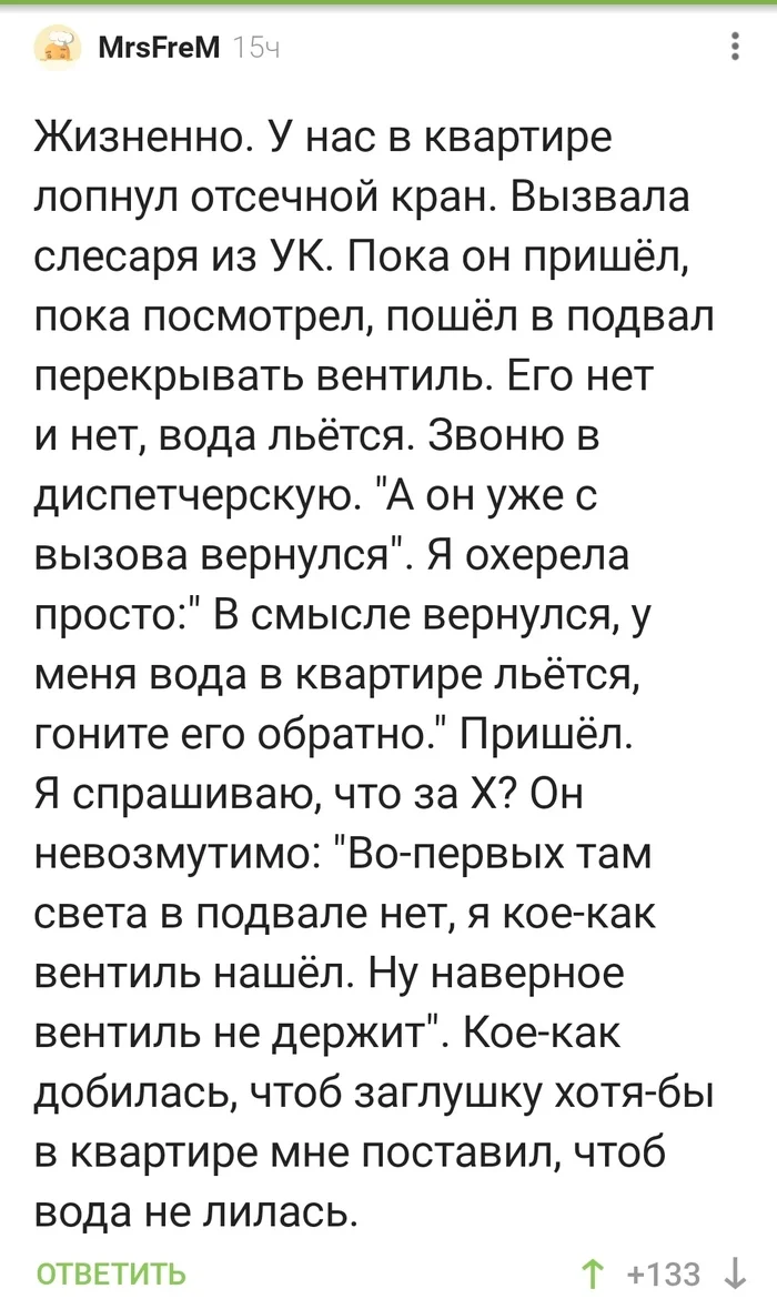 Что делать, когда сантехник на расслабоне? - Сантехник, Авария, Комментарии на Пикабу, Скриншот