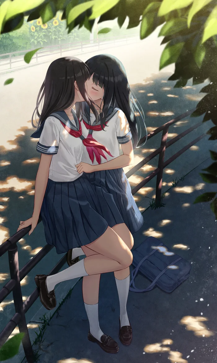 Kiss in the shadows - Anime, Anime art, Original character, Seifuku, Yuri, Girls, Schoolgirls, Kiss