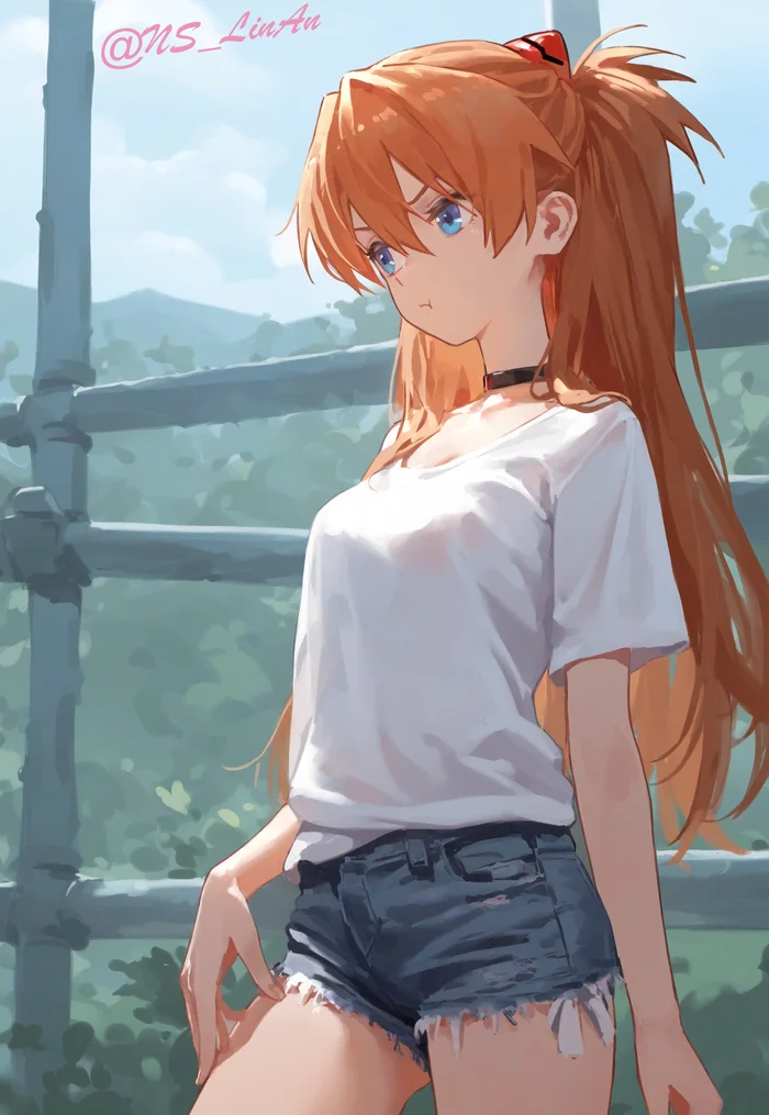 Asuka - Evangelion, Asuka langley, Anime art, Anime, Neural network art, Girls, Choker, Shorts