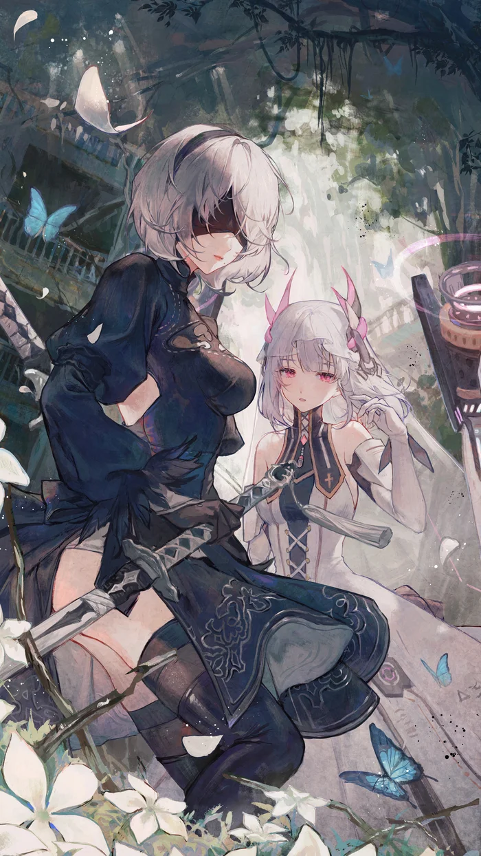 2B and Liv - Anime, Anime art, NIER Automata, Punishing: Gray Raven, Yorha unit No 2 type B, Flowers, Butterfly, The dress, Katana, Crossover, Girls, Android, Art, Nature