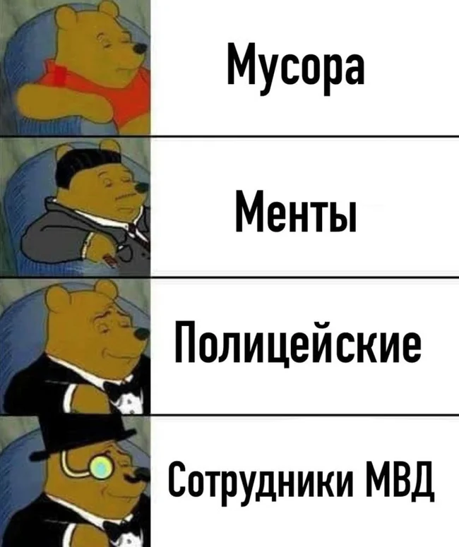 From redneck to polite citizen - Humor, Memes, Picture with text, Speech, A culture of speech, Spoken language, Militia, Police, Employees, Ministry of Internal Affairs, Winnie the Pooh, Law abiding citizen, Citizens, Вежливость