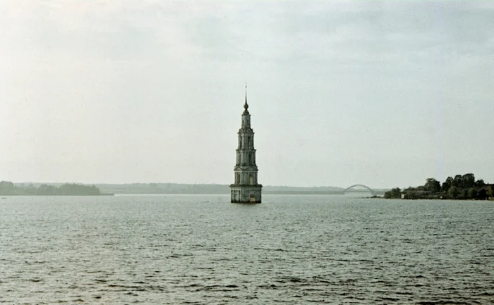 The bell tower of the flooded Cathedral of St. Nicholas the Wonderworker in Kalyazin. View from the Volga, from the board of the motor ship Ivan Susanin. 1977 - Bell tower, The cathedral, Volga river, Made in USSR, Retro, the USSR, Telegram (link), 70th