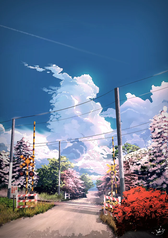 Moving - Art, Drawing, Railway, Railroad crossing, Nature, Japan, Clouds