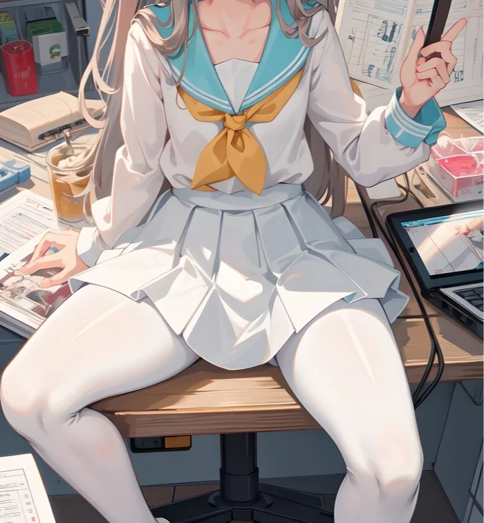 Tights are our everything - Anime art, Original character, Anime, School uniform, Tights, Neural network art