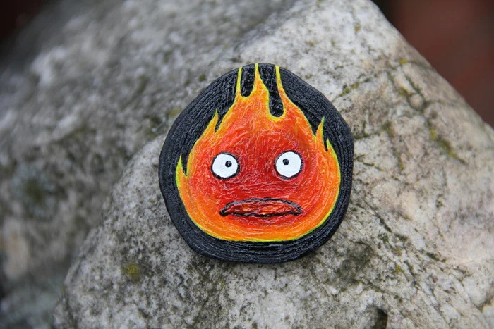 Brooch Calcifer - Needlework without process, My, Craft, Handmade, Brooch, Painting on wood, Calcifer, Acrylic, Icon