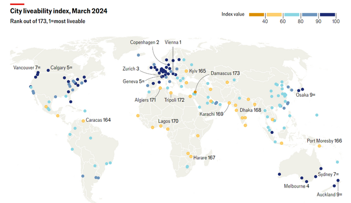 Киев вошел в десятку худших городов для жизни в 2024 году Новости, СМИ и пресса, Россия и Украина, Киев, Диаграмма