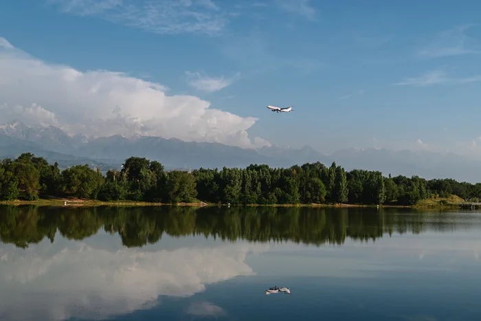 Above the lake - My, The photo, Kazakhstan, Nikon, Airplane, Almaty, Landscape, Lake, Reflection