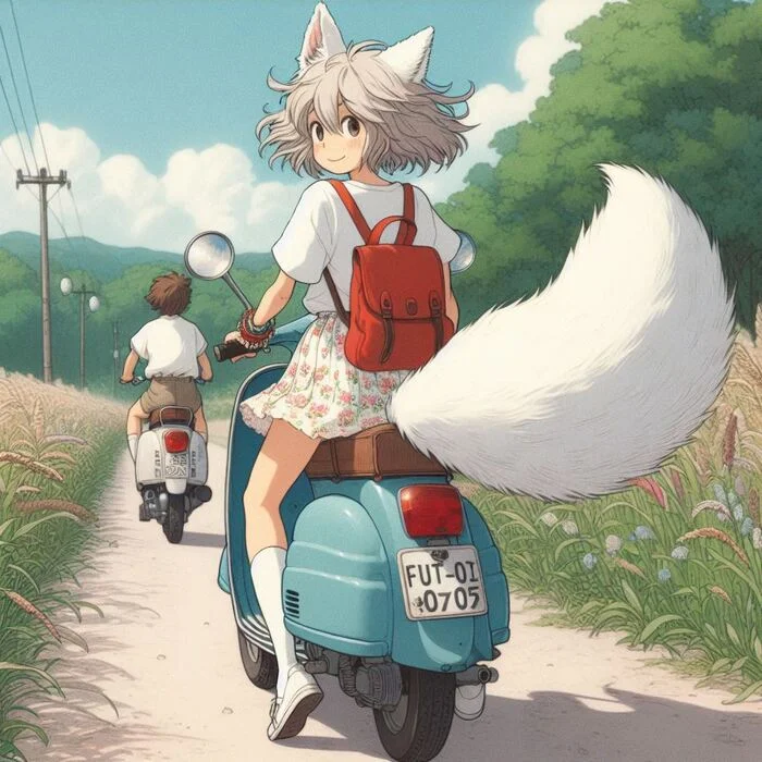 Through the meadows with the breeze - My, Neural network art, Нейронные сети, Art, Girls, Anime art, Anime, Original character, Kitsune, Animal ears, Tail, Summer, The dress, Pantsu, Scooter, Ginger & White, Longpost