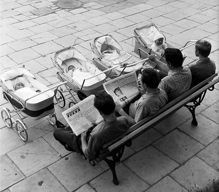 Young dads with children on a walk. Lithuanian SSR, Vilnius, 1969 - the USSR, Young parents, Young Dads, Lithuanian SSR, Vilnius, Childhood in the USSR, Made in USSR, Retro, Telegram (link), 60th, Black and white photo