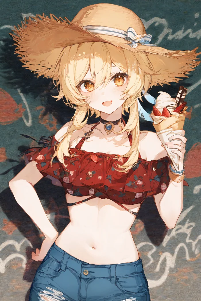 Lumine - Anime art, Anime, Girls, Games, Genshin impact, Lumine (Genshin Impact), Food, Ice cream, Neural network art, Longpost, Shorts, Swimsuit