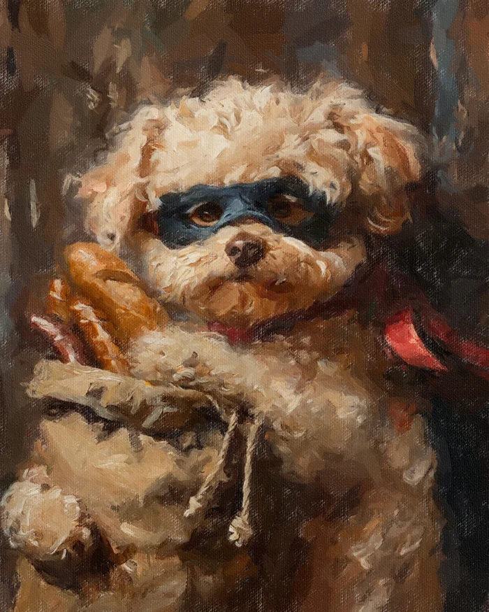 The Story of the Sausage Thief Maltipoo - My, Dog, Photoshop, Portrait by photo, Animalistics, Maltese lapdog, Painting, Oil painting, Author's painting, Canvas