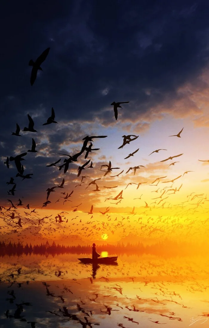 Boat - Art, Drawing, Lake, A boat, Birds, Person, Sunset, Clouds