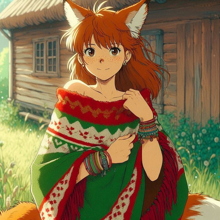 How to play midday psychedelia - My, Neural network art, Нейронные сети, Anime art, Art, Girls, Anime, Original character, Kitsune, Animal ears, Tail, Redheads, Freckles, Poncho, Psychedelic, Rock, Guitar, Summer, Ginger & White, Longpost