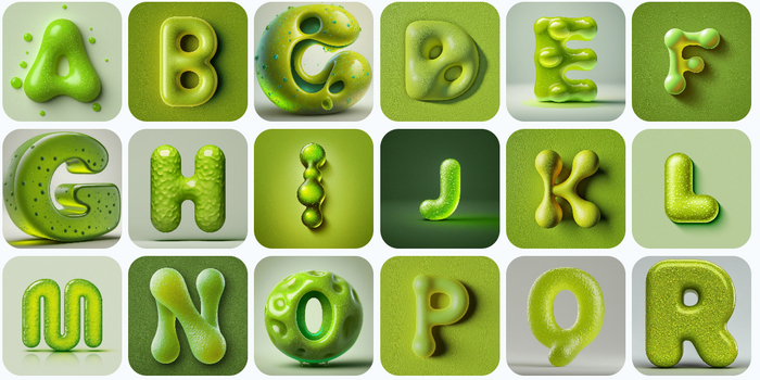 The 3D icon is a molecule-like structure with four interconnected lobes, each of which is smooth and rounded. The surface should have a fine-grained texture reminiscent of candied gummy candy, in a bright lime color.