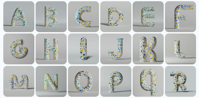 Letters made of 3d render of cute white yshaped pipe with blue and yellow speckles, blue and white speckled terrazzo texture, white background, in a minimalistic style and in the style of Pixar cartoons with low details and simple shapes without gradients 