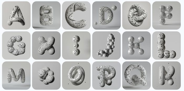 Letters made of 3D rendering of three interlocking conjoined spheres with glossy ceramic texture floating in the air on a white background. White objects mottled with random black dots. High detail, high quality, high texture detail