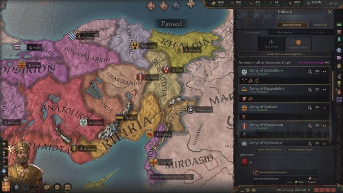 Список армий, показывающий доступные войска ваших губернаторов.