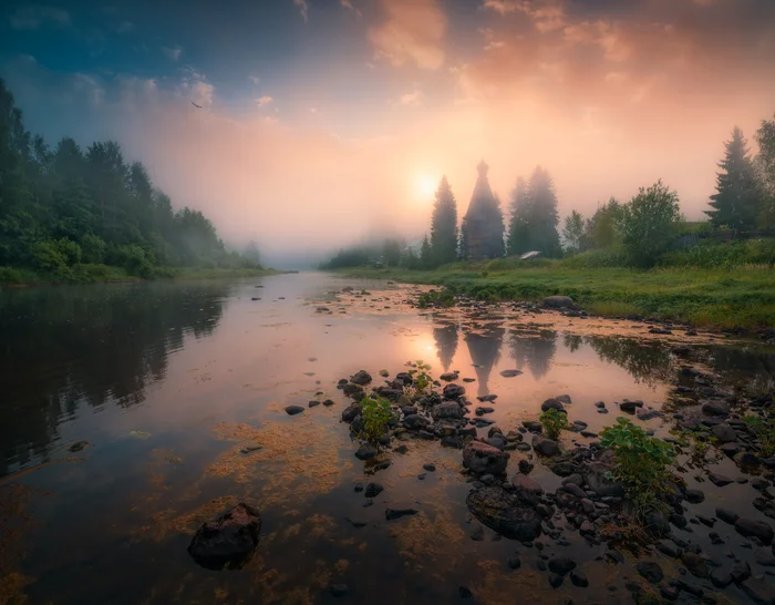 And it was morning - My, The photo, Landscape, Travel across Russia, Fog, River, Church, Village, Morning