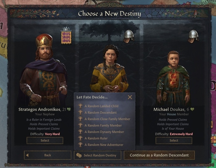 Варианты случайного наследника в окне выбора новой судьбы.