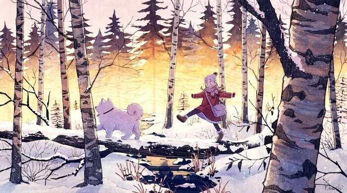 Forest walk - Art, Drawing, Girls, Dog, Winter, Forest, Snow