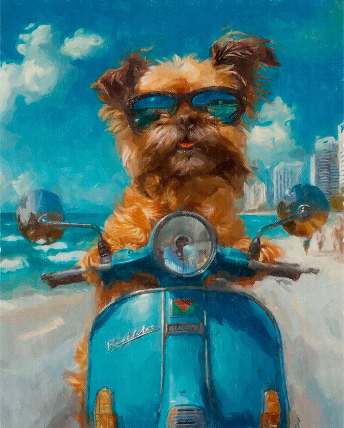 Wool into the wind: the Brussels Griffon conquers Miami! I drew a portrait of my pet from a photograph - My, Dog, Portrait by photo, Animalistics, Photoshop, Oil painting, Painting, Canvas, Author's painting