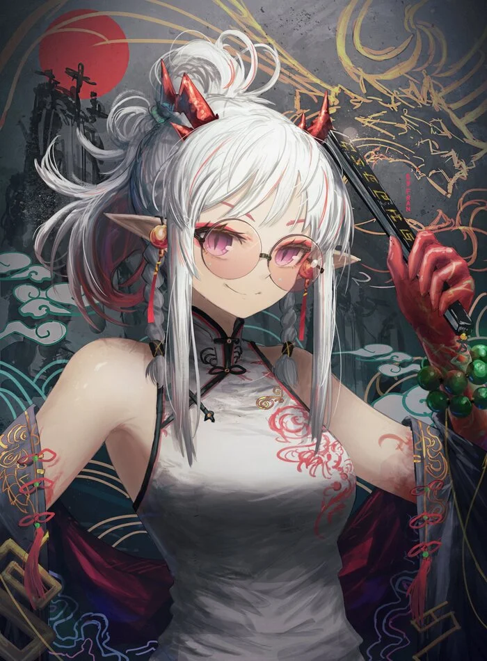 Nian - Anime art, Anime, Nian, Arknights, Glasses, Qipao, Fran Lu