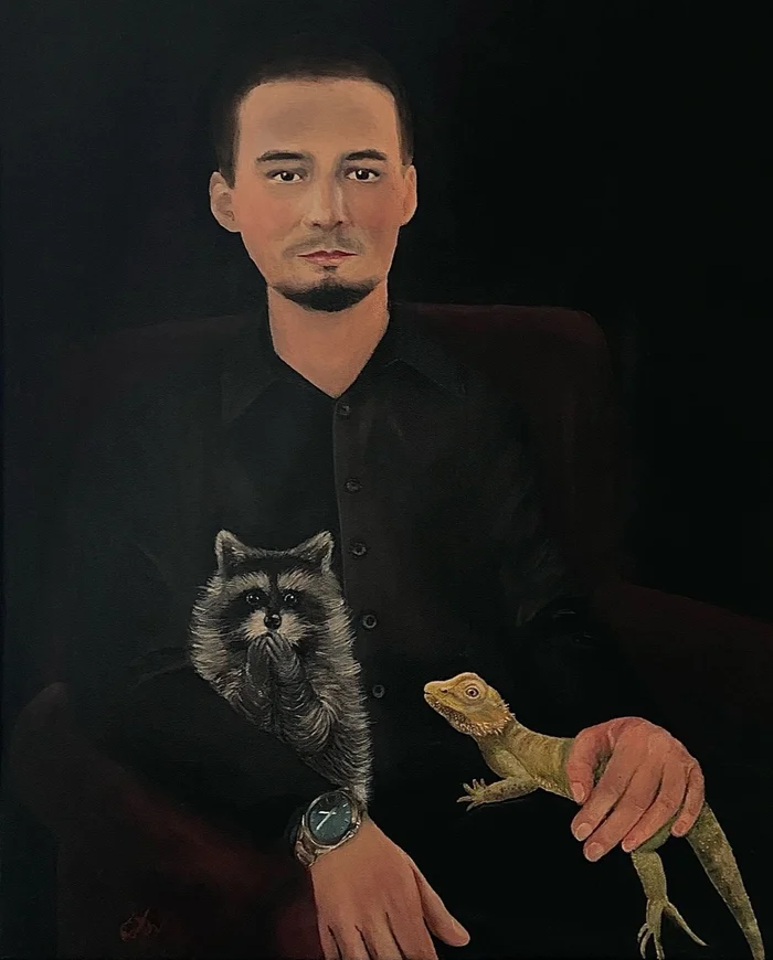 My second acrylic portrait! - My, Artist, Painting, Painting, Painting, Art, Acrylic, Art, Canvas, Portrait, Portrait by photo, Raccoon, Iguana, Lizard, Longpost