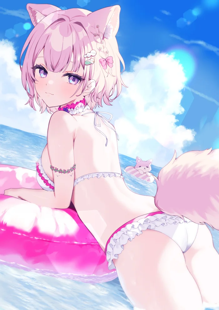 At sea~ - Anime art, Anime, Hololive, Virtual youtuber, Hakui Koyori, Animal ears, Swimsuit, Tail, Sea