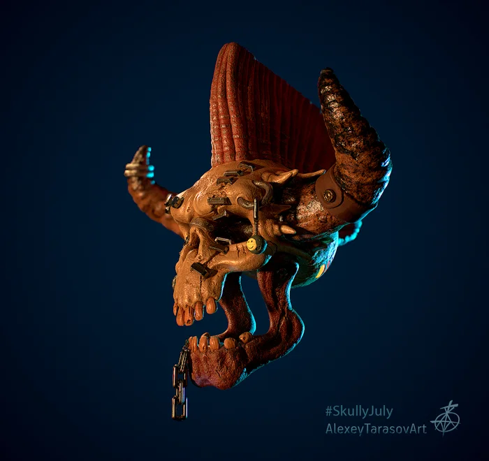 Старенький Черепанк для ежегодного SkullyJuly - Моё, 3D, 3D моделирование, Скульптинг, Skullyjuly, Blender, Череп, Панки, Постапокалипсис, Cyberpunk 2077, Видео, Без звука