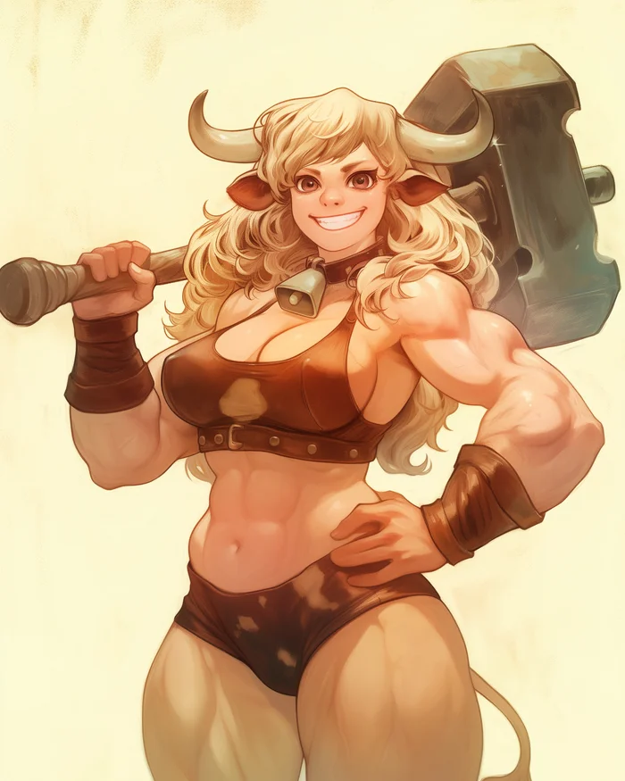 Barbara Minotaur - My, Neural network art, Midjourney, Pinanoc, Girls, Barbarian, Barbarian, Barbara, Minotaur, Strong girl, Dungeons & dragons