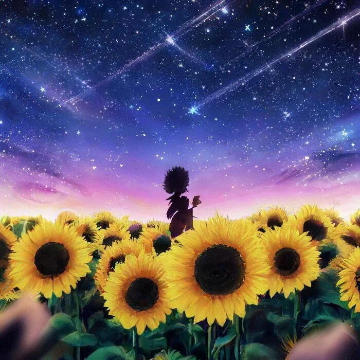 Field of sunflowers - My, Art, Anime art, Sunflower, Starfall, Neural network art