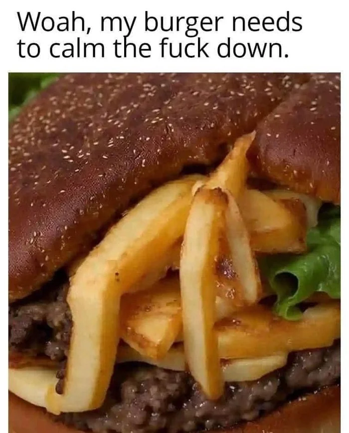 If you see people fucking in this burger, it means you haven’t had sex for a long time and it’s time to pull yourself together... - Humor, Irony, Sarcasm, Burger, It seemed, Sex, French fries, Roast potatoes, Expectation and reality, Strange humor, Food, Fancy food