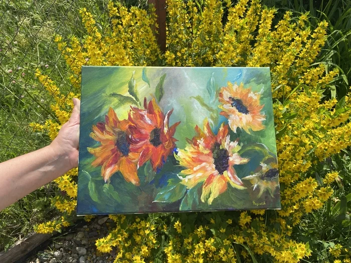 Painting “Sunflowers in the wind” - My, Painting, Artist, Sunflower, Flowers, Landscape, Drawing, Art, Longpost