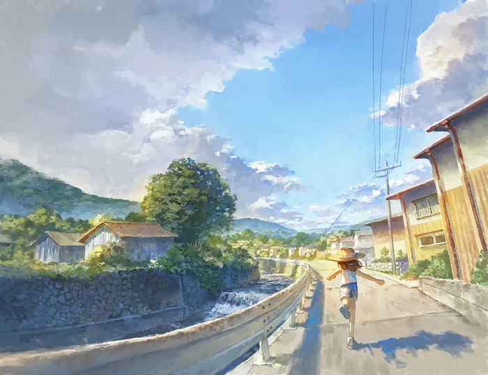 Summer - Anime, Anime art, Original character, Girl, Road, Sky, Clouds, Summer, Fjsmu