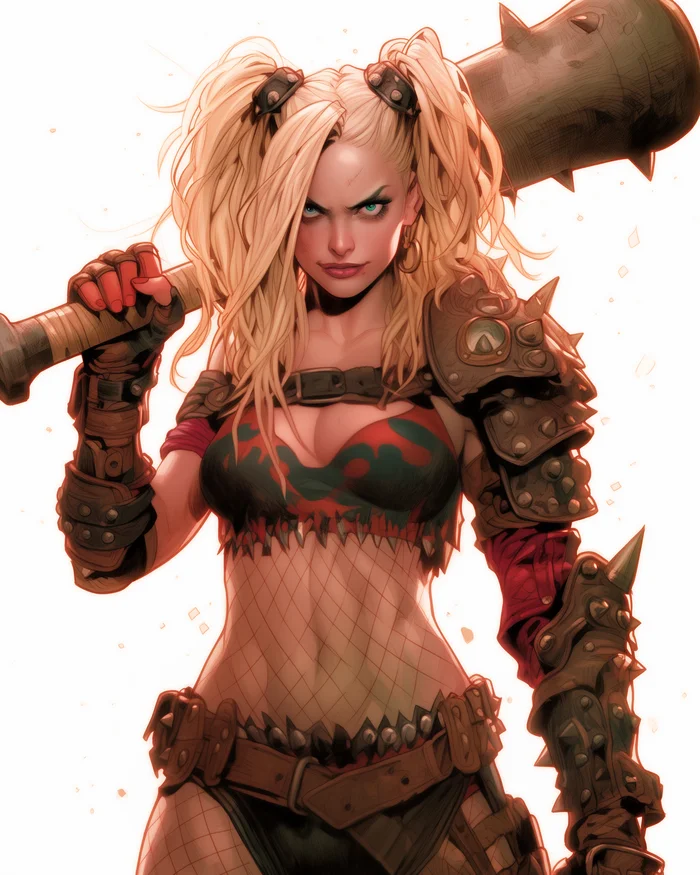 Margo, happy birthday! Harley Quinn, Barbarian style... - My, Neural network art, Midjourney, Pinanoc, Margot Robbie, Birthday, Girls, Harley quinn, Barbarian, Barbarian