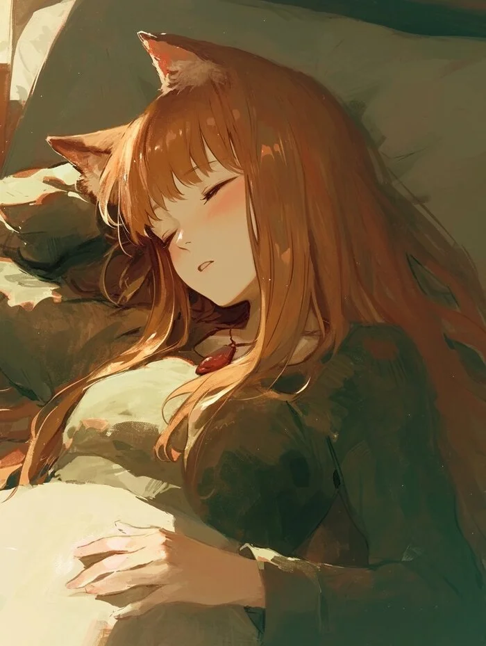 The she-wolf is dozing - Anime art, Anime, Holo, Spice and wolf, Animal ears, Dobutsu, Dream