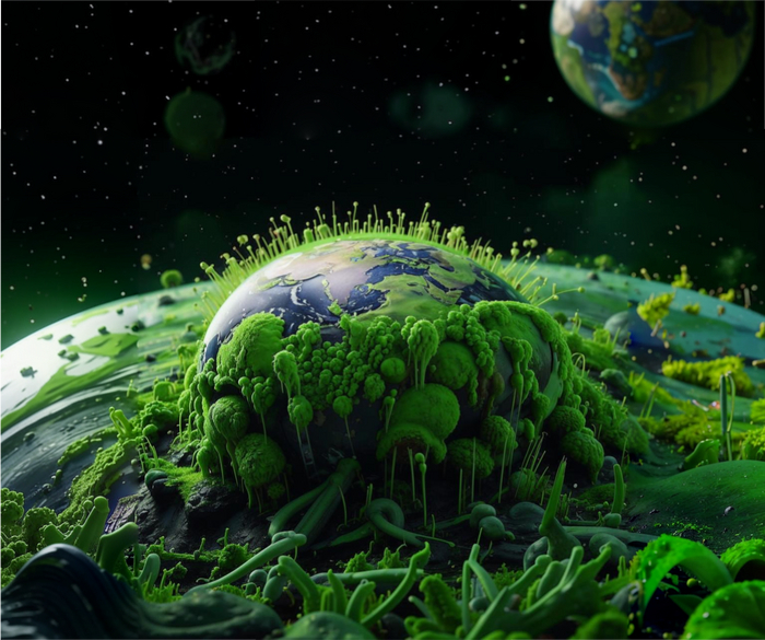 Мир, поглощённый бактериями. Сгенерировано с помощью «Kandinsky 3.0».