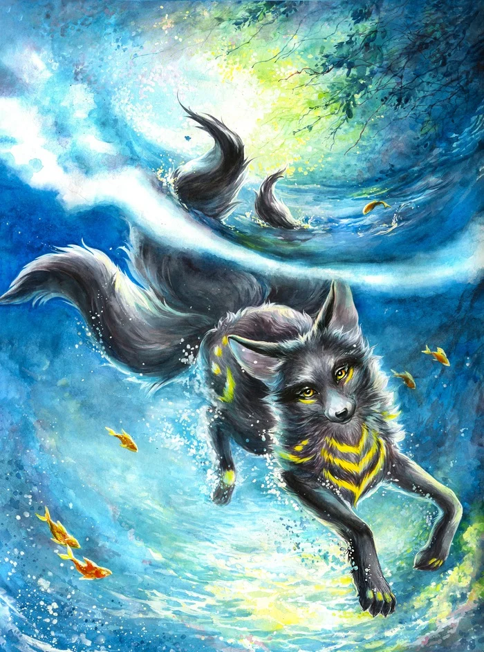 Watercolor kitsune - My, Fantasy, Fox, Art, Drawing, Creation, Watercolor, Painting