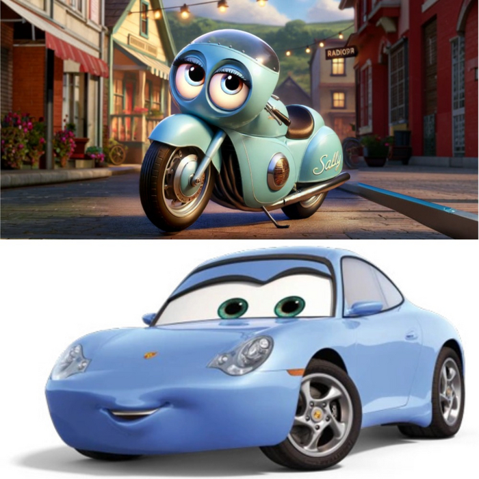 🔵Салли: Голубой скутер Vespa GTS 300, изящная и умная. Салли работает адвокатом и помогает друзьям в Радиатор-Спрингс.