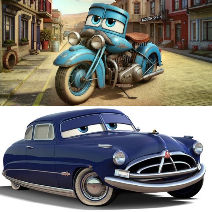 🔵Док Хадсон: Мудрый и опытный Harley-Davidson Panhead 1950-х годов, бывший чемпион MotoGP. Док наставник для молодого поколения гонщиков.