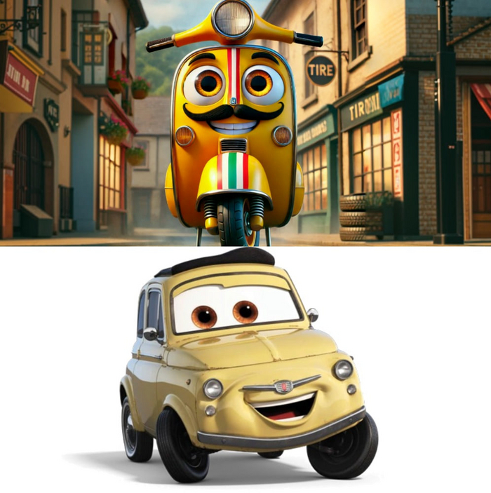 🟡Луиджи: Яркий желтый скутер Vespa Primavera, который обожает итальянские мотоциклы и работает в шинном магазине. Луиджи веселый и всегда рад новым клиентам.