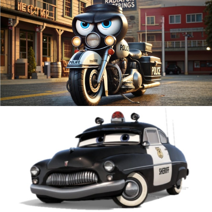 ⚫️Шериф: Мощный и внушительный полицейский мотоцикл Harley-Davidson с черно-белым корпусом, который следит за порядком в Радиатор-Спрингс.