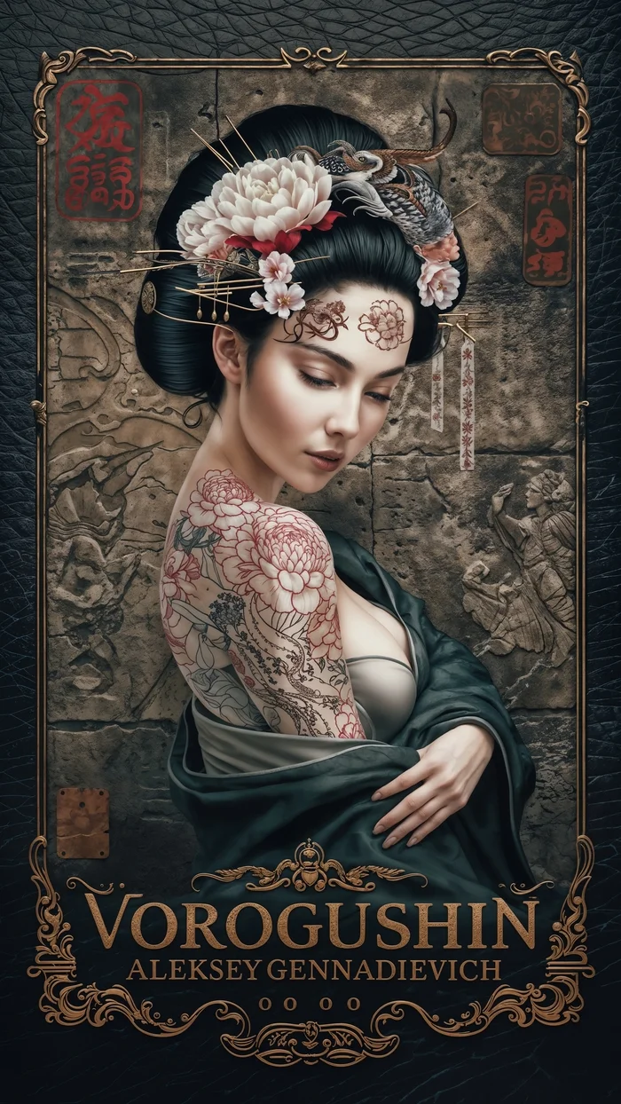 Ai-artist: Vorogushin Alexey Gennadievich. Beautiful geisha with body art in modern oriental style. Neuroartist - My, Нейронные сети, Neural network art, Artist, Art, Phone wallpaper, Digital, Desktop wallpaper, Dall-e, Computer graphics, 2D, Modern Art, Midjourney, Girls, Bodypainting, East, Japan