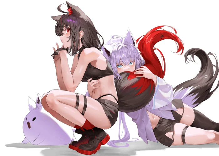 Fubuki X2 - Anime Art, Аниме, Hololive, Virtual YouTuber, Shirakami Fubuki, Kurokami Fubuki, Animal Ears, Хвост