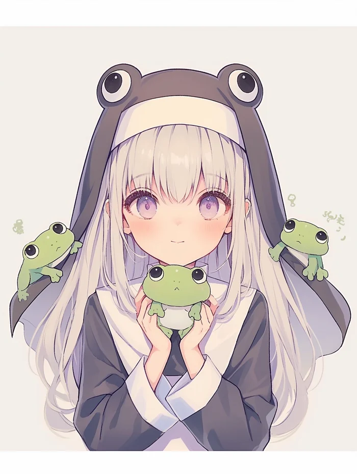 The Nun and the Frogs - My, Art, Anime, Girls, Anime art, Nun, Original character, Toad, Frogs, Neural network art, Midjourney, It Is Wednesday My Dudes, Wednesday, Memes, Milota, White hair