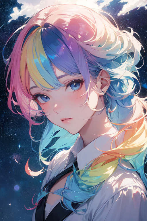 Part 16 - rainbow in hair - My, Anime, Neural network art, Artificial Intelligence, Rainbow, Images, Girls, 2024, Blue eyes, Longpost