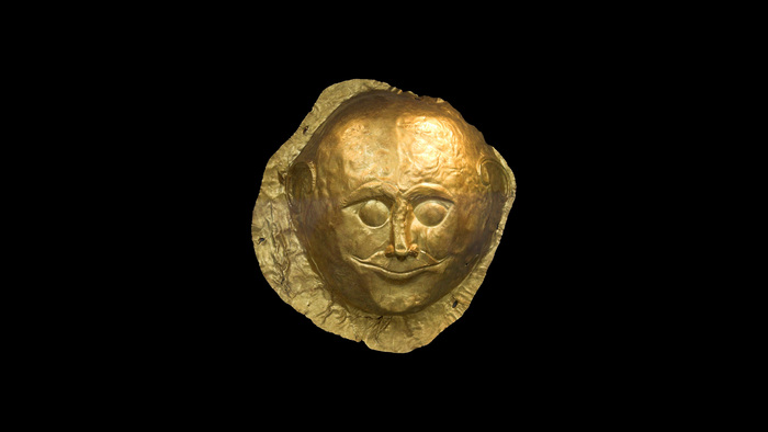 Золотая маска № 259 по каталогу Афинского национального музея. Найдена в шахтовой гробнице IV линейного круга B в Микенах. 16 в. до н.э.