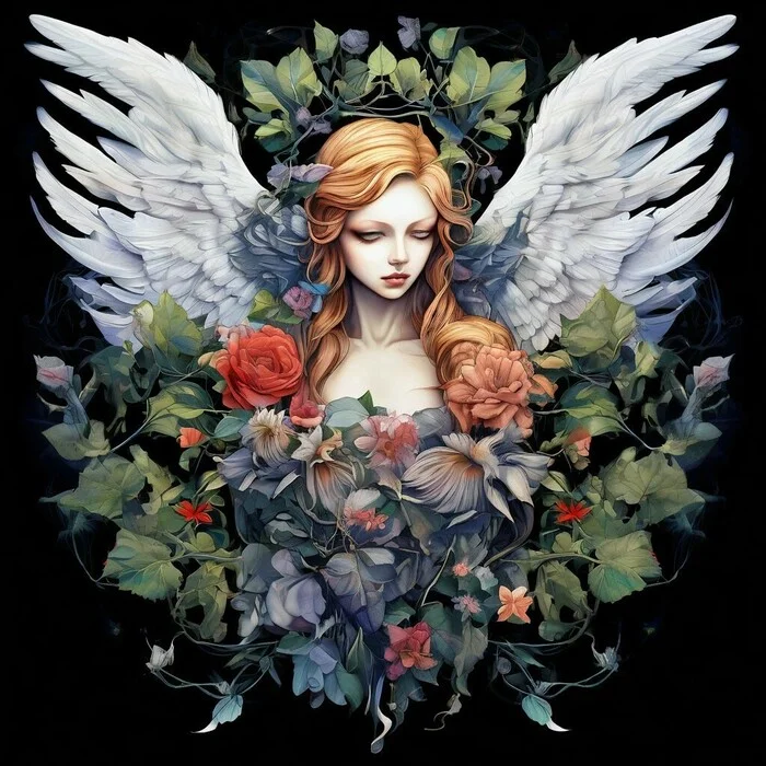 Angel - My, Neural network art, Art, Angel, Anime art, Ivy, Flowers, Wings